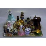 Tray lot with Royal Doulton, Coalport and Hummel figures, Aynsley trio, collectables,