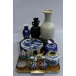 Tray lot with Chinese ginger jars, crackle glaze plates, vases, small box, figures,