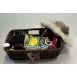 Basket with jewellery, ladies hat,