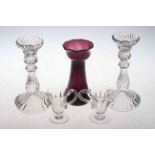 Pair glass candlesticks, two custard glasses and vase (5).