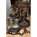 Antique pewter tankards, sheep doorstop, Sheffield plate coaster, brass candlesticks, desk stand,