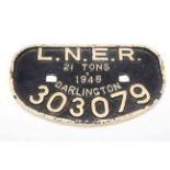 Darlington LNER 21 TONS railway sign, dated 1948 and numbered 303079, 28cm across.