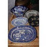 Victorian Newstone bowl, printed plates, ladle, plate and Copeland Spode bowl (6).