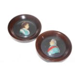 Pair of framed coloured wax circular portraits of George III and Queen Charlotte, 16cm diameter.