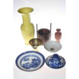 Tray lot with Oriental wares including signed Japanese brass vase.