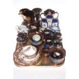 Collection of copper lustre pieces, Staffordshire cottage, moustache trio, etc.