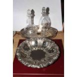 Silver plated tray, two decanters, silver gin and sherry labels and a Walker & Hall bowl in box.