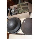 WWII Military including helmets, flask, shells, part Spitfire under carriage, starter case.