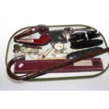 Antique spectacles, silver mounted pipe and walking stick, cigarette holder, kidney shape vesta,
