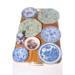 Collection of antique blue and white and other printed plates, pickle dish,