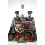 Tray lot with silver mounted decanter, Mercedes mascot, cloisonne vases, boxes, oil lamp, etc.