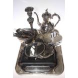 Collection of silver plated wares including ornate candlestick and coffee pot, WMF basket, inkwell,