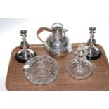 Heavy cut glass ashtray with silver mounts, glass bottle with silver stopper,