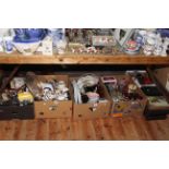 Five boxes of china and glassware, assorted cutlery, dressing table wares, records, etc.