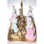 Five Royal Worcester, two Coalport and four Hummel figures, Hummel lamp,