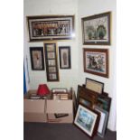 Large collection of furnishings prints and three table lamps.