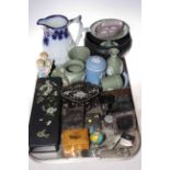 Wedgwood Jasperware, two Goebel angels, two Oriental mother of pearl boxes, silver pieces, etc.