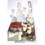 Five Spanish figures, bone ornaments, leather and metal cigarette boxes.