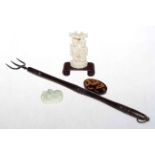 Georgian toasting fork, ivory carving, jade pendant and oval tortoiseshell plaque (4).