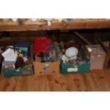 Four boxes of cameras and accessories, costume jewellery, oil lamp and metalware, tea set, etc.