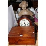 Mahogany mantel clock, composite female bust and fitted walnut box.
