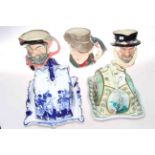 Two china cheese covers and stands and three Royal Doulton character jugs 'Falstaff',