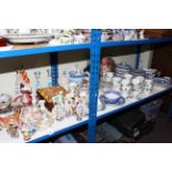 Staffordshire group and other figures, tea and dinnerwares, glassware and various china.