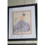 Hand coloured etching of a lady in a lilac dress in glazed frame.