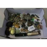 Box of assorted jewellery including brooches, jade pieces, bangle, etc.