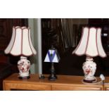 Pair of Masons Red Mandalay table lamps and leaded lamp (3).
