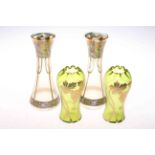 Two pairs of Art Nouveau glass vases, 22cm and 15cm.
