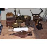 Scales, horsebrasses, two pairs of binoculars, stair rods, brass lamp,