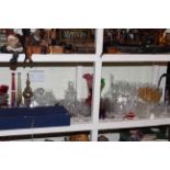 Collection of assorted glassware including decanters and glasses, scent bottles, etc.