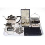 Boxed silver backed brush set, three piece EP tea set, toast rack, etc.