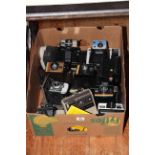 Box of Polaroid and vintage cameras.