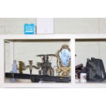 Camera and accessories, telephone, brass framed table mirror, pair of brass candlesticks, oil lamp,