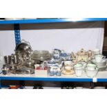 Assorted silver plated ware and blue and white and other teaware.