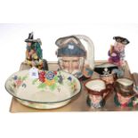 Royal Doulton 'The Mask Seller', large 'Don Quixote' and three small 'The Poacher',
