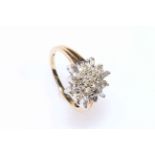 9 carat gold twenty diamond cluster ring, size K.