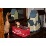 Wooden duck, jointed wood Pinocchio, bird box and Coca Cola box.