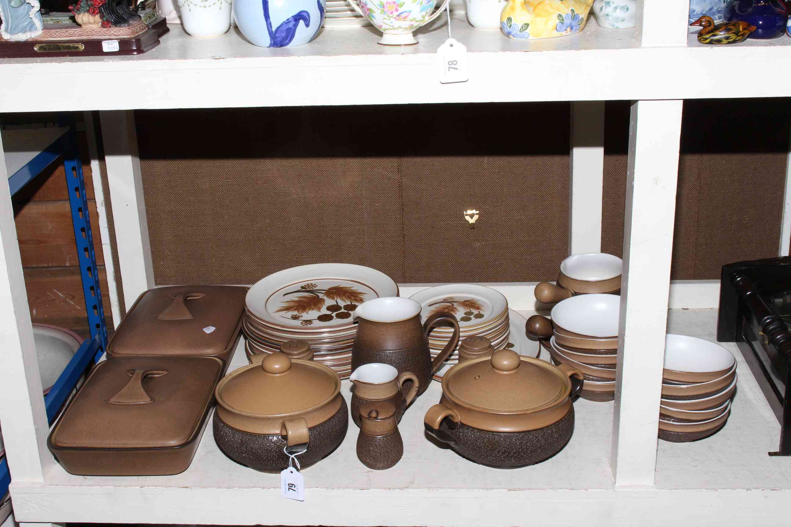 Collection of Denby 'Cotswold' tableware including two casserole dishes and two tureens.