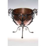 Copper jardiniere and iron stand 47cm.