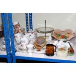 Royal Crown Derby and other teaware, Dietmar Urbach pottery basket, Shelley cakestand, etc.