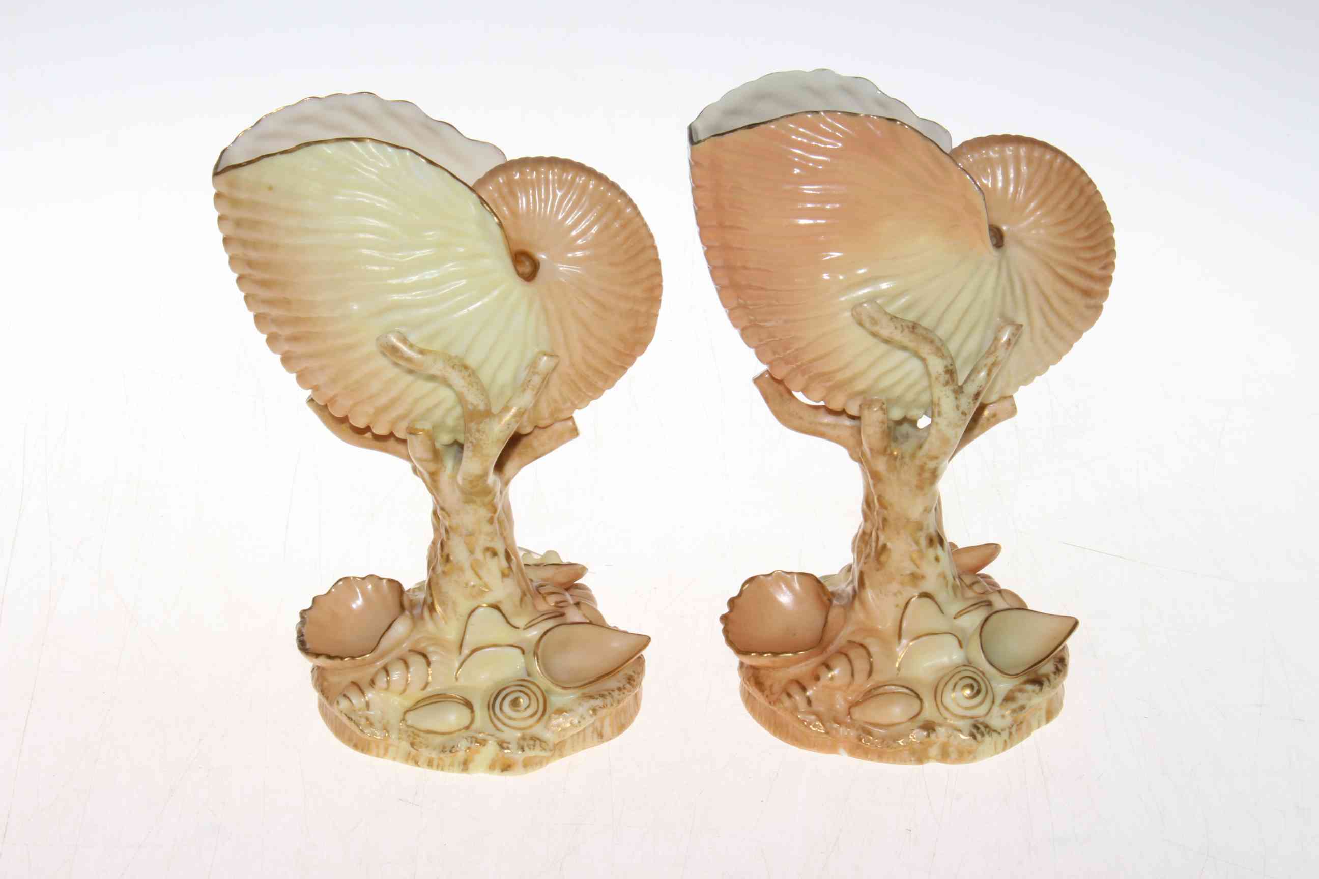 Pair of Royal Worcester conch and shell vases, shape No.