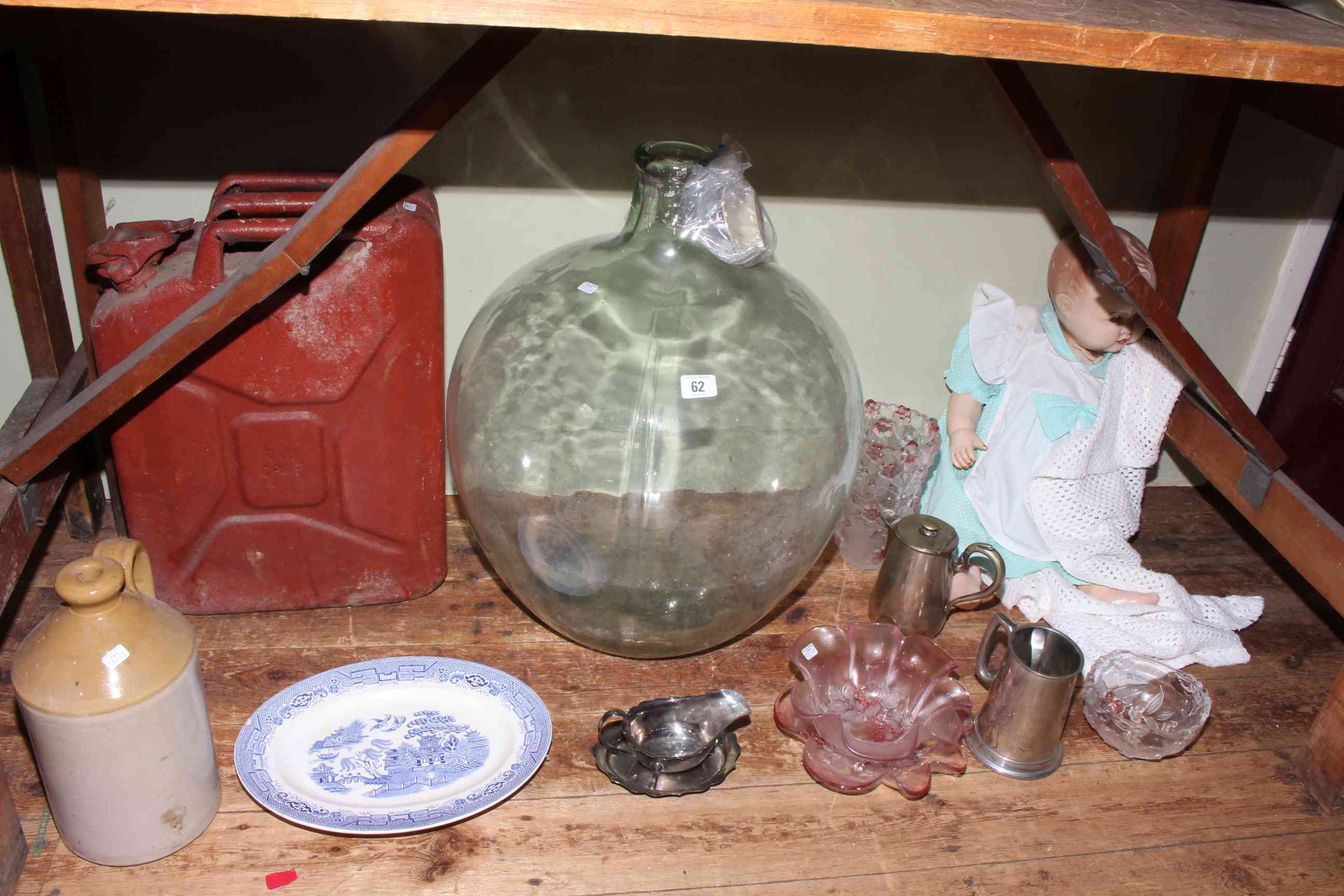 Collection including glass carboy, petrol can, china, glass, doll, stoneware bottle, EPNS ware.