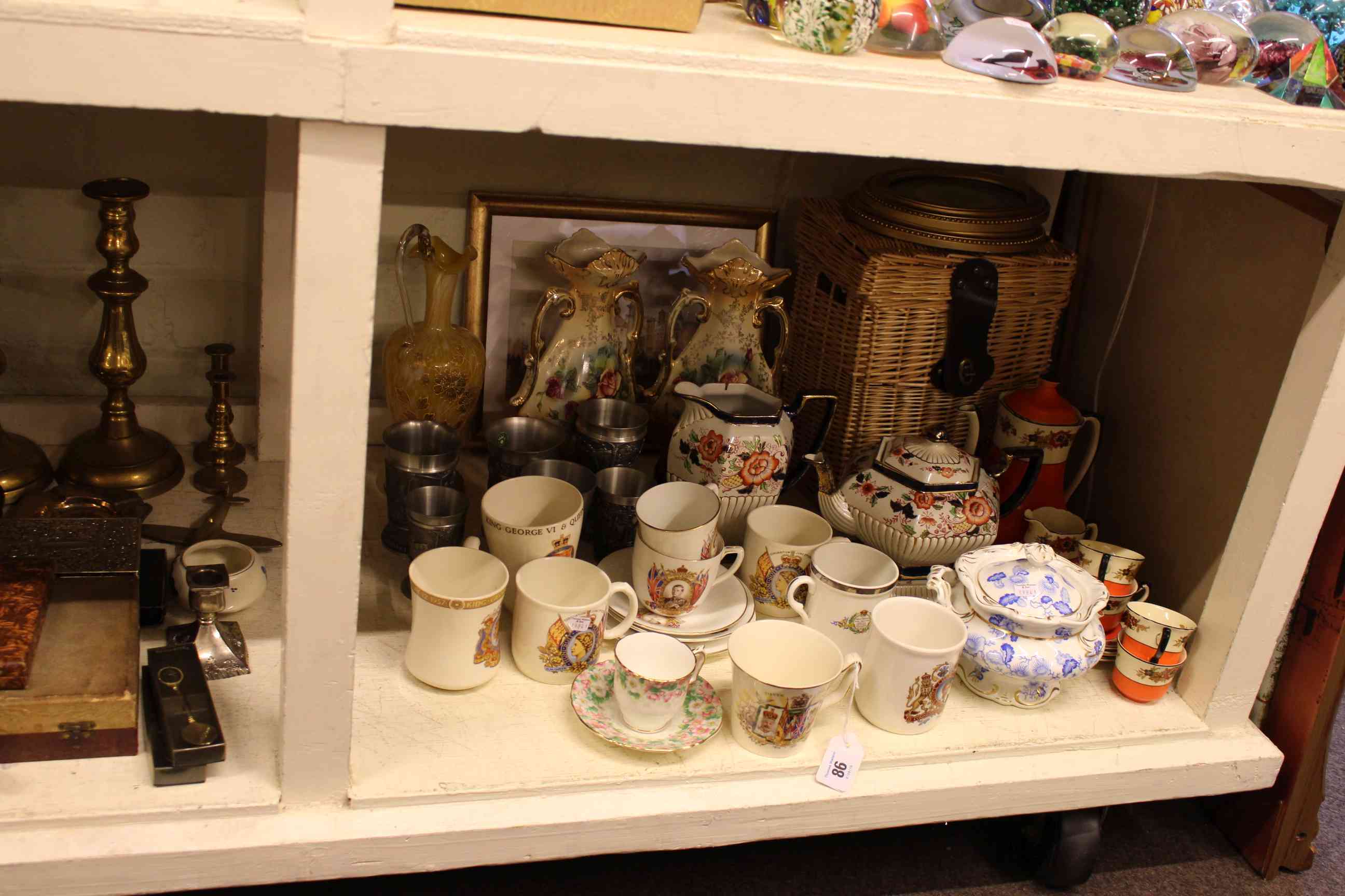 Assortment of ceramics, wicker basket, prints, pastels, including commemorative china, Wedgwood,