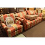Three seater settee, chair and footstool in classical stripe fabric.