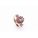 9 carat gold aquamarine and ruby ring, size N.