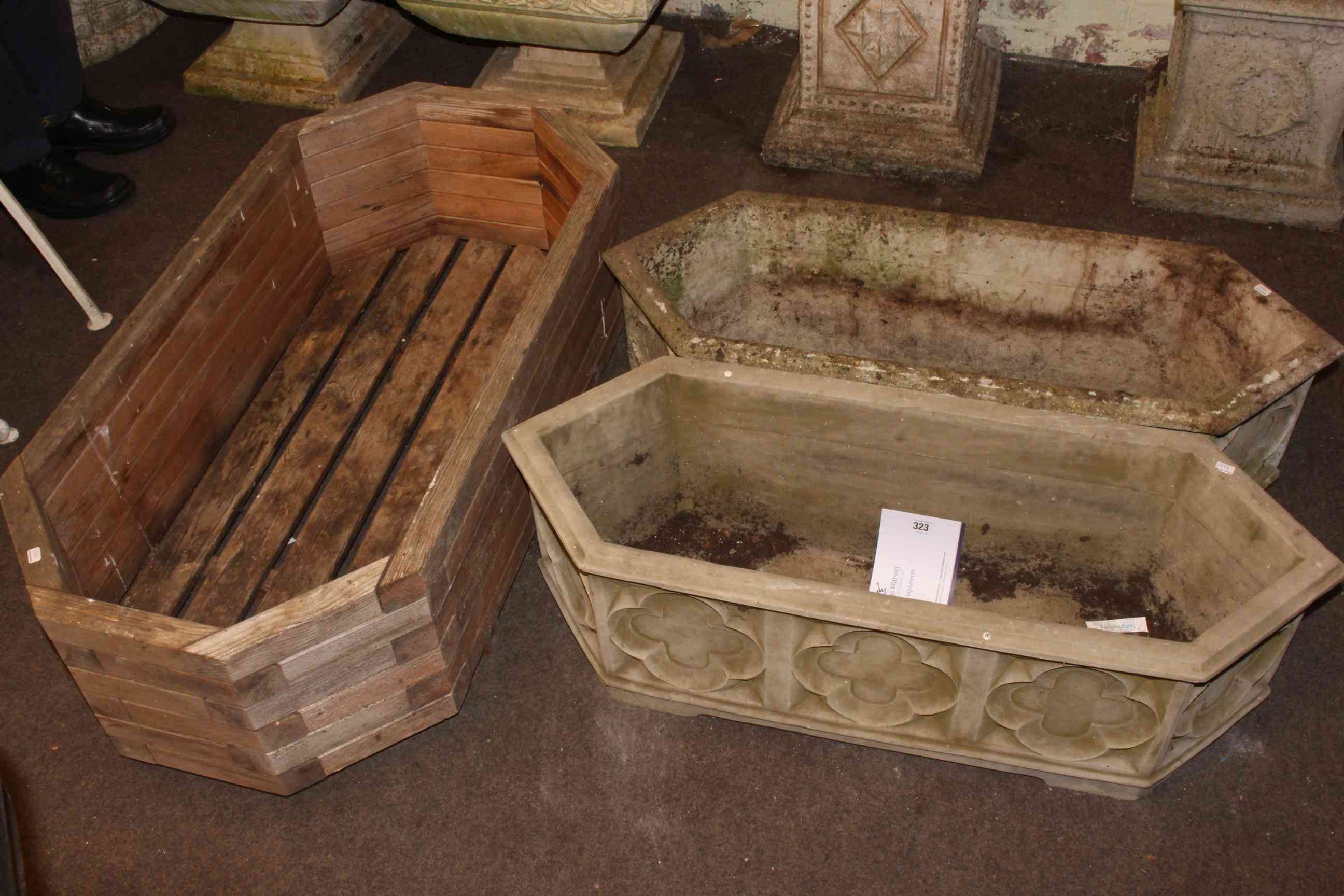 Pair rectangular hexagonal shaped garden troughs and octagonal shaped wooden garden trough (3).