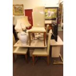 Rectangular marble pedestal dining table, six high back chairs and matching console table.